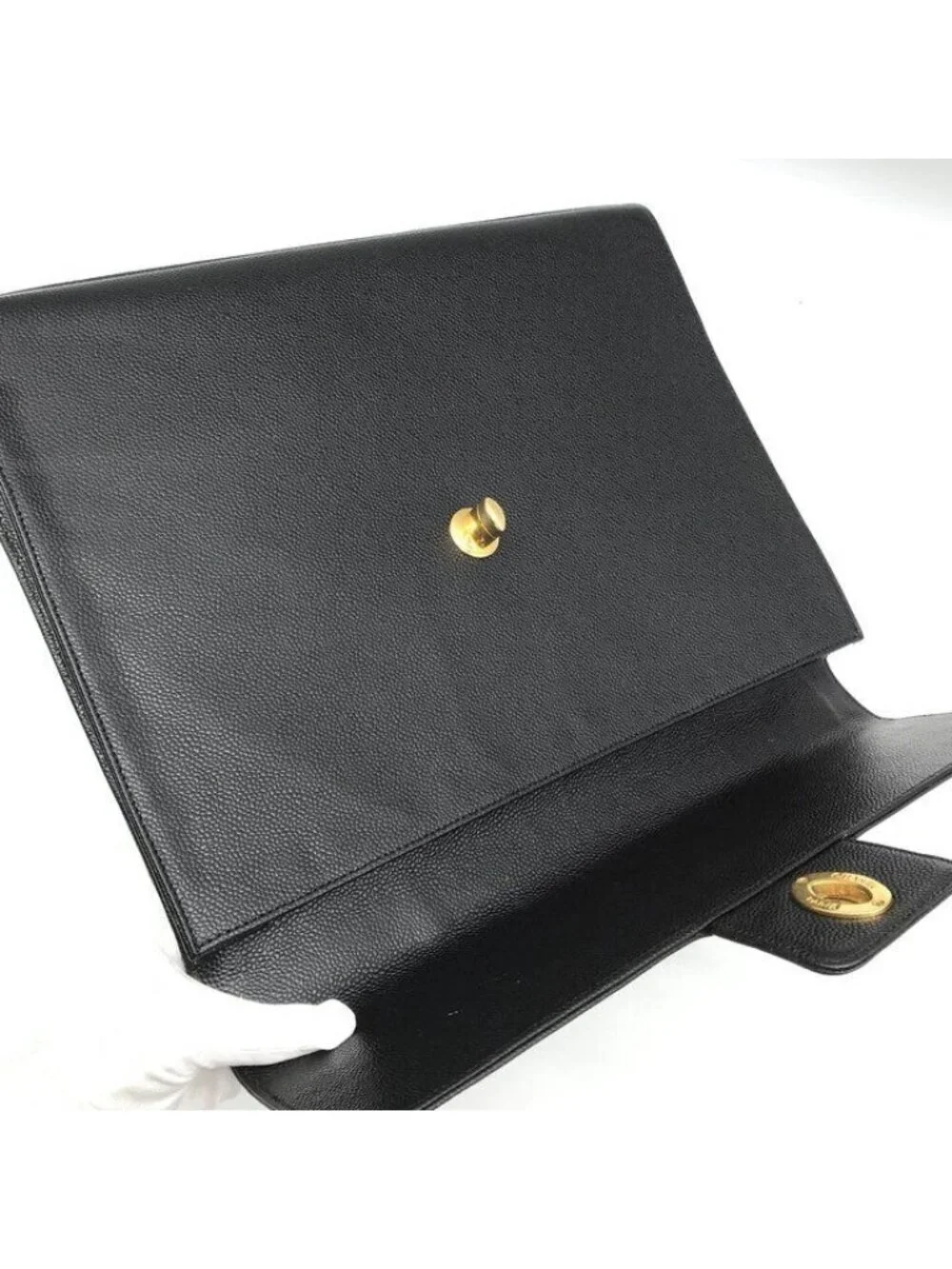 Chanel CC Logo Turnlock Caviar Leather Business Hand Bag Black